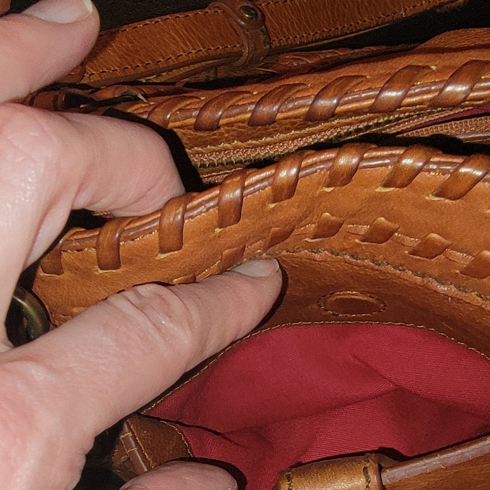 Isabella Fiore Tan Leather Woven-Trim Shoulder Bag with Tassel Accent - Picture 6 of 13
